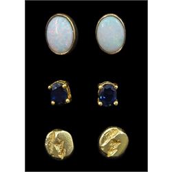 Pair of 14ct gold oval sapphire stud earrings, pair of 9ct gold opal stud earrings and one other pair of 14ct gold stud earrings