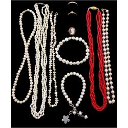 Two single strand pearl and 9ct gold bead necklaces, with gold clasps, white gold stone set ring, cameo ring and a diamond chip ring, all 9ct and a collection of pearl and red bead jewellery