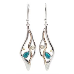 Pair of silver and 14ct gold wire, turquoise and pearl pendant earrings, stamped 925