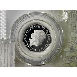 Two The Royal Mint United Kingdom 2020 'Celebrating Beatrix Potter Peter Rabbit' silver proof fifty pence coins, both cased with certificates (2)