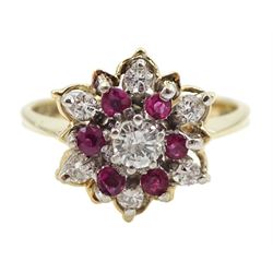 Gold ruby and diamond cluster ring, stamped 14K