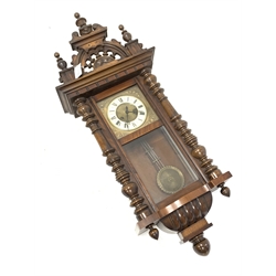 Early 20th century walnut and beech cased Vienna wall clock, with twin spring movement, H115cm