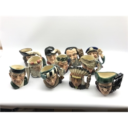 Eleven Royal Doulton character jugs comprising: North American Indian, Dick Turpin, Bacchus, The Poacher, The Falconer, Old Salt, Merlin, Neptune, The Mikado, Gone Away and D'Artagnan (11)