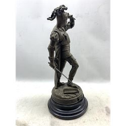 19th century bronzed spelter model of 'Pizarre' on circular ebonised plinth H57cm overall together with a composite bronzed figure of a fencer, on rectangular plinth base after Rudolf Kuchler (a/f)