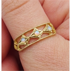 9ct gold three stone opal open work ring, hallmarked