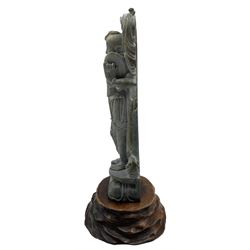 Early 20th century Indian carved soapstone figure of Parvati, wife of Shiva on a wooden stand, height of figure 20cm