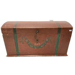 19th century Scandinavian painted pine dome top trunk, dated 1852, with wrought iron carry handles to each end W118cm