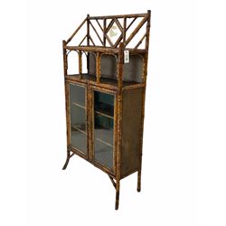 Late Victorian bamboo side cabinet, inset bevelled mirror over shelves and two glazed doors