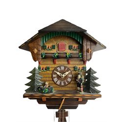 A Swiss made 20th century Cuckoo clock with automaton in a traditional chalet style case, movement sounding the hours and half hours with a gong and cuckoo call, two train weight driven 30hr movement. 
With an early 20th century German alarm clock in a 7” diameter metal case with two bells, gilt metal dial with Arabic numerals and alarm setting dial, wound and set from the rear.



