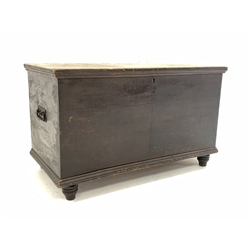  19th century scumbled pine blanket box, hinged lid revealing paper lined interior and tray, cast metal handles to each end, raised on turned supports, W96cm, H57cm, D50cm  