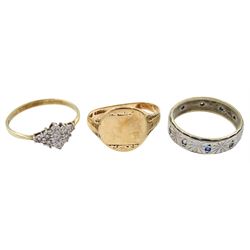 Gold diamond cluster ring and a gold signet ring, both hallmarked 9ct and a stone set eternity ring, stamped 9ct Sil