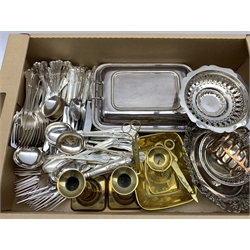 Kings pattern silver-plated cutlery set, six settings plus extras, 19th century brass chamber stick, silver-plated entree dish, silver-plated pedestal bon bon dish and other metal wares 