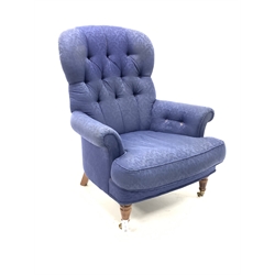 Liberty of London - Victorian style armchair, upholstered in deep buttoned blue damask fabric, raised on turned front supports and castors