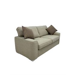 Alstons large two seat sofa, upholstered in cream fabric with scatter cushions, raised on recessed castors W200cm, H95cm, D95cm 