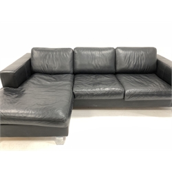 BoConcept - contemporary three seat sofa with adjustable headrests, one end with integral foot rest, upholstered in black leather and raised on chrome supports  