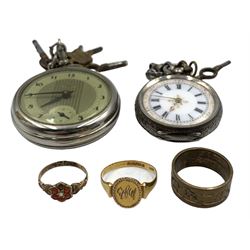 Early 20th century 9ct gold signet ring, Birmingham 1929, 9ct gold coral pearl ring, Birmingham 1876, Swiss silver key wound ladies pocket watch, gilt ring and a Westclox Dax Canada chrome pocket watch