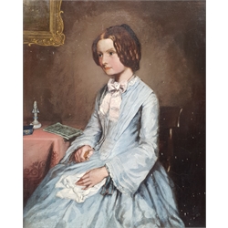 English School (19th century): Girl at a Desk Clutching a Locket, oil on canvas unsigned 52cm x 42cm