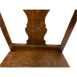 Pair George III oak side chairs, yoke cresting rail with shaped splat, panelled seat over square chamfered supports united by H-stretcher 