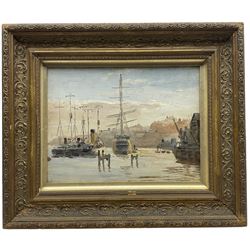 English Impressionist School (20th Century): Ships in the Harbour, oil on board unsigned, inscribed verso 22cm x 30cm; with two other similar 20th Century Shipping scenes variously signed and inscribed max 12cm x 20cm (3)
