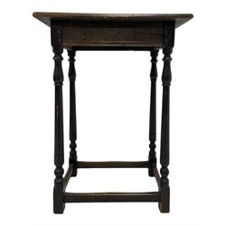 Tall oak joint stool, rectangular moulded top over moulded frieze rails, turned supports joined by plain stretchers 