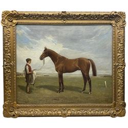 Nevison Arthur Loraine (British 1863-1934): Thoroughbred Racehorse Held by a Groom, oil on canvas signed and dated '12, 62cm x 75cm