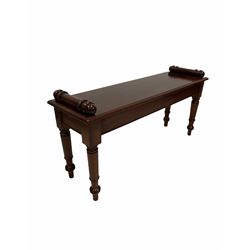 Victorian style mahogany window seat, with turned ends, raised on turned supports L107cm