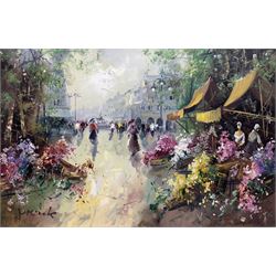 French School (20th century): Impressionist Parisian Flower Market, oil on canvas indistinctly signed 59cm x 89cm