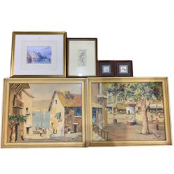 Kathleen Freeth (Yorkshire contemporary): 'Yorkshire Moors', pair miniature watercolours signed and titled together with small map, pair framed Doyly John prints and a print after J M W Turner max 43cm x 53cm (6)