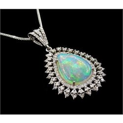 Silver pear cut opal and round brilliant cut diamond cluster pendant necklace, opal approx 3.40 carat, total diamond weight approx 0.85 carat