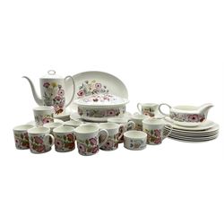 Wedgwood Meadow Sweet pattern dinner and coffee service for six comprising six dinner plates, six side plates, six tea plates, sauceboat & stand, tureen, oval platter, coffee pot, sugar bowl, cream jug, six mugs & saucers and six coffee cans & saucers 