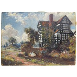 J Alfonso Toft (British 1866-1964): 'Old Moreton Hall - Congleton Cheshire', old on board signed, signed titled and dated 1902 verso 28cm x 39cm (unframed)