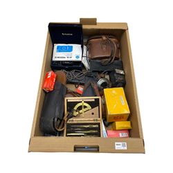 WWI period prismatic binoculars, No 3 MkII, magnification 6, Serial No 35912, by Kershaw & Son, cased set of drawing instruments, together with cameras and accessories in one box