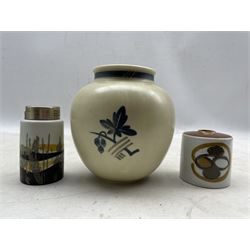 Three pieces of Royal Copenhagen to include Aluminia, Faience table lighter no. 963 designed by Ivan Weiss, small vase no. 3497 designed by Ellen Malmer H8cm and an ovoid shaped vase decorated with fruit no. 67 (3)