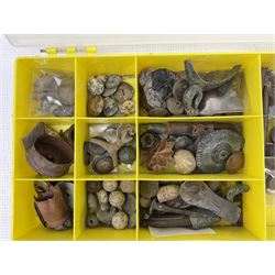 Collection of metal detector finds including coins, musket balls, pottery and metal shards etc