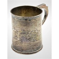 Victorian silver christening mug with reeded decoration, angular handle and engraved with a monogram H8cm London 1870 Maker William Evans 5.9oz