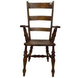 Elm and beech farmhouse armchair, high ladder back over swept arms with ring turned spindle supports, shaped saddle seat raised on turned supports united by H-stretcher