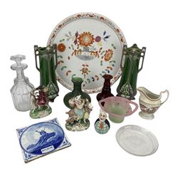 Monart glass basket, large Continental porcelain charger decorated in the Meissen style D37cm, Kralik style green iridescent threaded glass vase, pair of Eichwald vases, Biblical Delft tile etc 