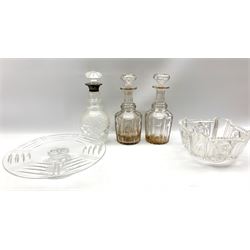 Hobnail cut glass decanter with silver collar and mushroom stopper, pair of Victorian decanters, Stuart crystal low comport D29cm and a heavy cut glass square fruit bowl