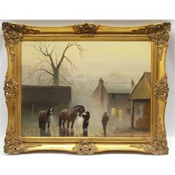 English School (20th century): Shire Horses in a Misty Village, oil on canvas indistinctly signed 45cm x 60cm