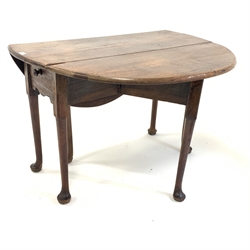 Georgian oak and elm oval drop leaf table, with gateleg action, drawer to one end over shaped apron, raised on turned supports terminating in pad feet, 115cm x 107cm, H73cm