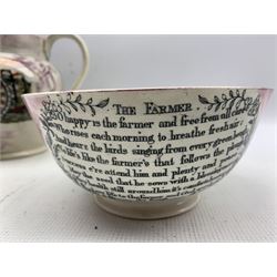 19th century Sunderland pink lustre bowl with 'The Farmer' verse and 'God Speed the Plough' D18cm and a Sunderland jug with 'The Mariner's Compass' and 'Mariner's Arms' H18cm (2)