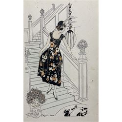 Gladys Peto (British 1890-1977): 'Good Evening' 'Good Night' and Evening Scene, set three Art Deco engravings with hand colouring 28cm x 18cm (3)