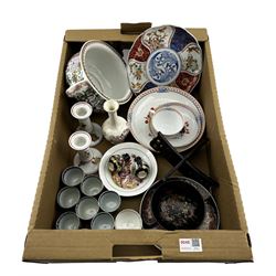 Chinese chamber pot, Japanese Imari plate, lacquer bowl, pair of miniature Japanese satsuma vases etc in one box