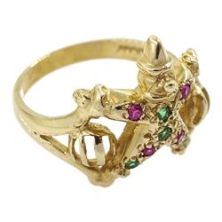 9ct gold green and pink stone set clown ring, hallmarked