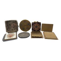 Silver cigarette case engraved with initials 2.5oz, oval compact marked 'Alpacca', and five other compacts by Stratton, Vogue etc (7)