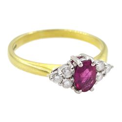 18ct gold oval ruby and six stone diamond ring, hallmarked