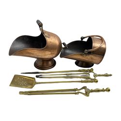 Victorian three piece brass companion set with a matching pair of tongs and two 19th century copper coal scuttles