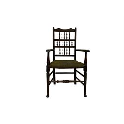 Pair George III Hepplewhite design mahogany dining chairs, the pierced and waived cresting rail over ribbon ladder back, drop-in seats, raised on square supports united by H-stretcher (W54cm H95cm); and 19th century oak spindle-back armchair (W57cm H104cm)