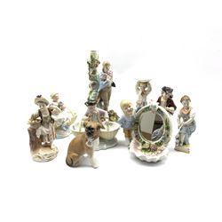 Collection of Continental porcelain to include a pair of Dresden sweetmeat dishes, figural candlestick, Chelsea style pug etc 