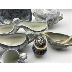 Collection of 19th century blue and white transfer wares, including Asiatic Pheasant pattern, plates and sauce boats, Willow pattern pepper pot and mustard pot, sauce tureen and stand etc 